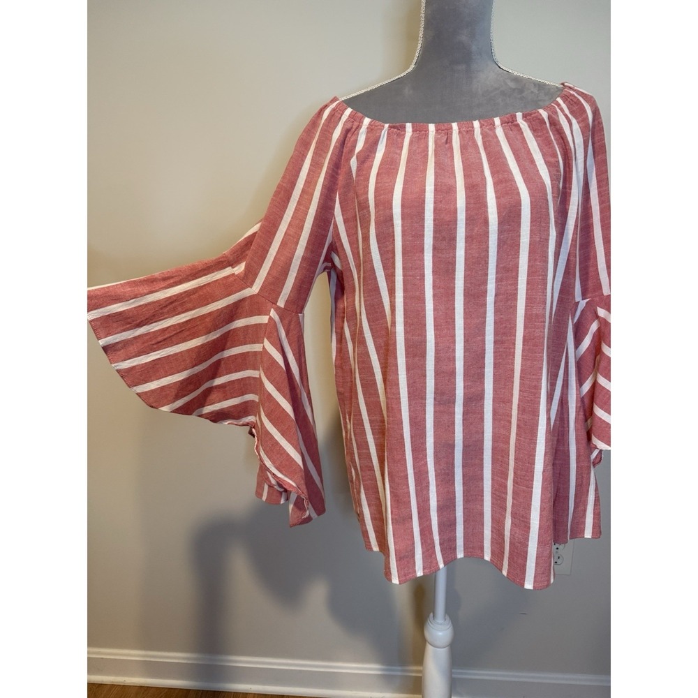 Fever Women's LG Blouse Top  Red White Striped Bell Sleeve‎ Coastal Boho Beach